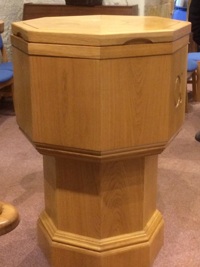 Picture of the font used for baptism at St Mary the Virgin Church 